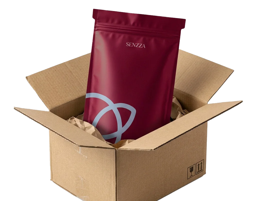 Bolsa SENZZA color vino dentro de una caja de cartón sin marcas